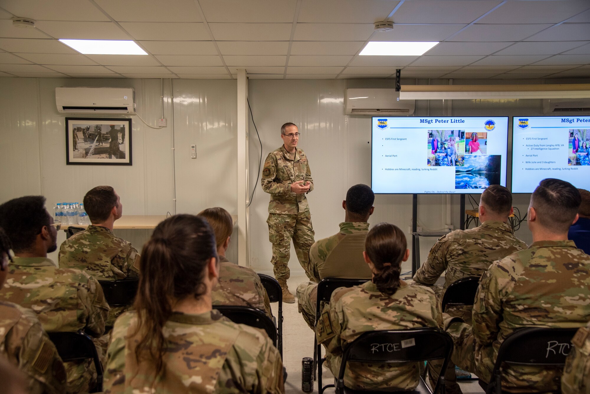 Master Sgt. Peter Little, 332d Expeditionary Security Forces Squadron, leads a lecture at the First Sergeant Symposium at an undisclosed location, Southwest Asia, Nov. 1, 2022. The First Sergeant Symposium is an eight-week course intended to prepare Airmen for the role of First Sergeant and for leadership in general. (U.S. Air Force photo by: Tech. Sgt. Jim Bentley)