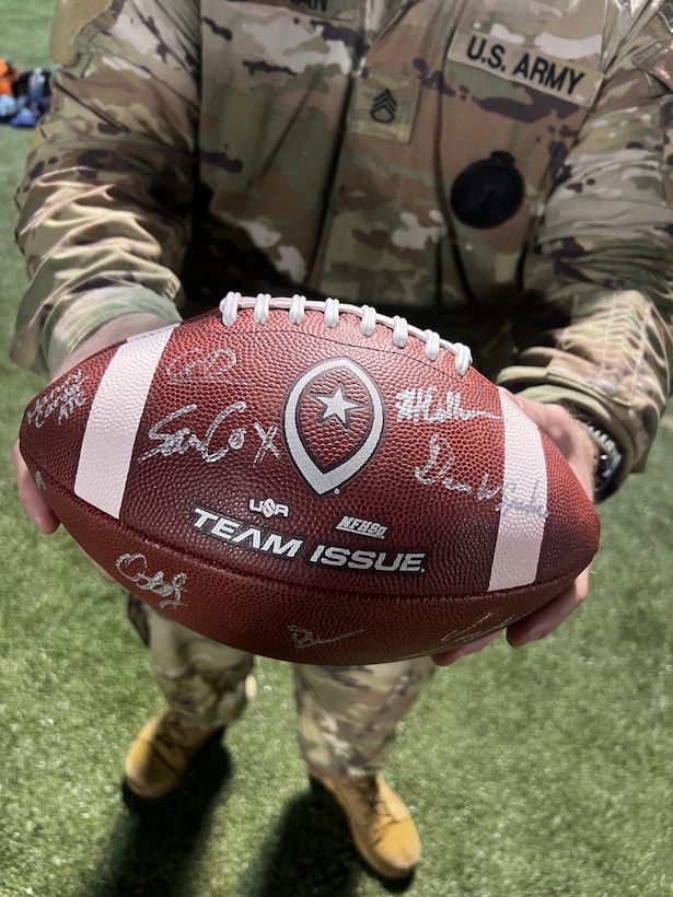 Liberty High School debuts the Virginia Army National Guard’s new football jerseys Oct. 28, 2022, at a home game against John Handley High School in Bealeton, Virginia. Staff Sgt. Dakota Baughan, area Virginia Army National Guard recruiter and a graduate of Liberty High School, secured the jerseys for Liberty’s use at their military appreciation game. (U.S. Army National Guard photo by Sgt. 1st Class Terra C. Gatti)