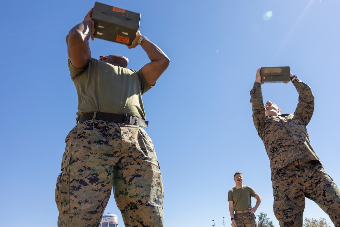 U.S. Marines with Headquarters Battalion, Marine Force Reserve, take part in a pugil stick competition at Marine Corps Support Facility New Orleans, Oct. 26, 2022. The annual pugil stick "King of the Ring" competition is held to foster the spirit of competition and camaraderie within the unit through friendly competition (U.S. Marine Corps photo by Sgt. Juan Carpanzano)