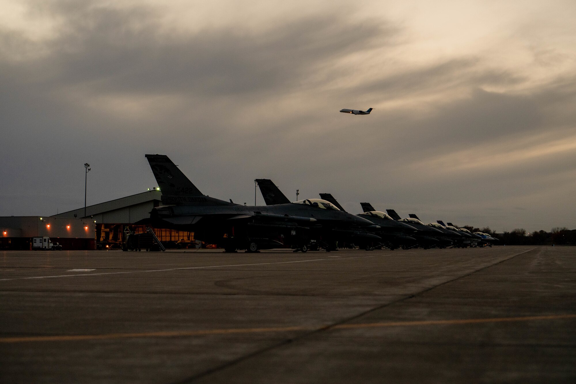 114th Fighter Wing F-16s fighting falcons are parked on the flight line prior to the night flying operations at Joe Foss Field, South Dakota, October 26, 2022.