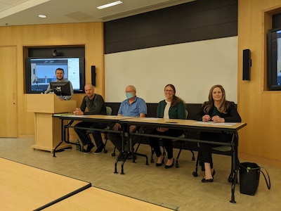 IMAGE: From left to right, Michael Darnell, Naval Surface Warfare Center Dahlgren Division (NSWCDD) Innovation Lab (iLab) engineer, moderates a NSWCDD panel that includes Reese Van Wyen, Contracting Officer, Dr. Jeffrey Solka, Distinguished Scientist for Naval Data Systems, Tamara Stuart, iLab director, and Jennifer Clift, Chief Technology Officer during a Challenge Talk Oct. 28 via a Zoom meeting at the University of Mary Washington Dahlgren Campus.