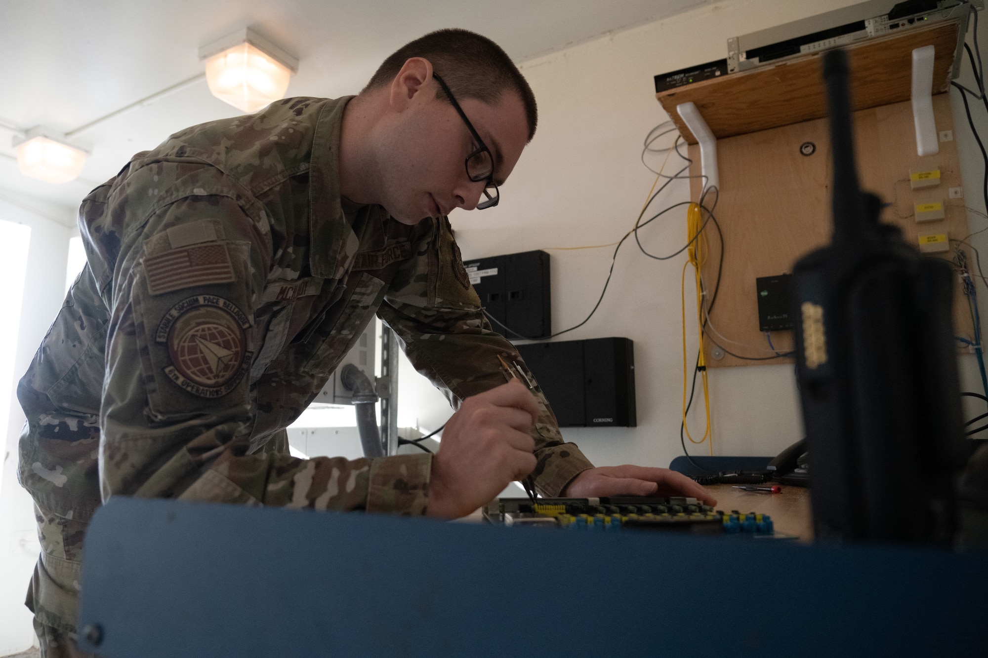 A Radar Airfield and Weather Systems technician assigned to the 6th Operations Support Squadron repairs a circuit board at MacDill Air Force Base, Florida, Nov. 1, 2022.
