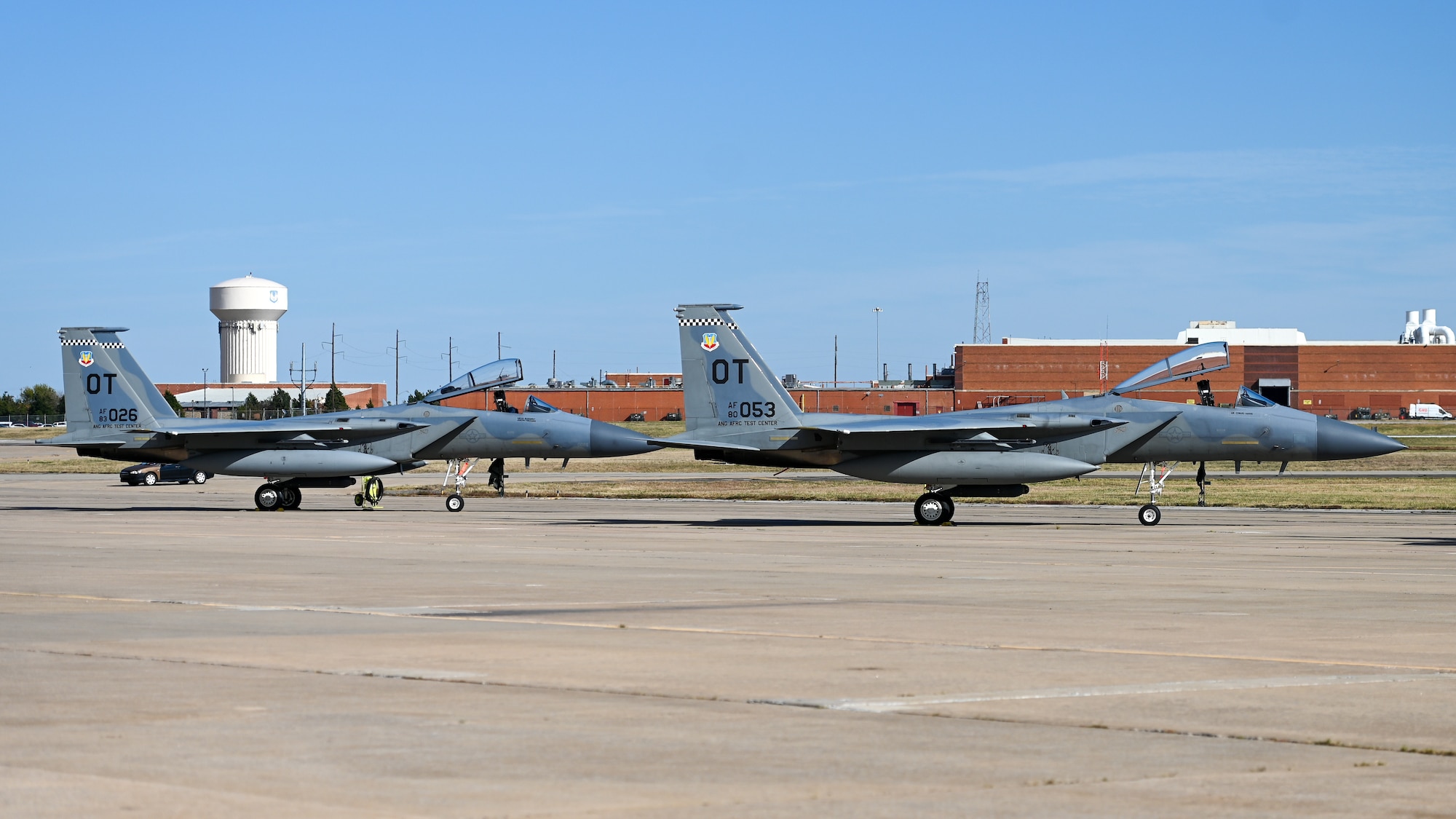 Two F-15 aircraft parked on ramp