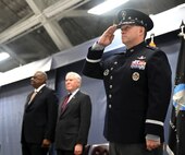 Secretary of Defense Lloyd Austin III (left) and Secretary of the Air Force Frank Kendall in the background, Chief of Space Operations Gen. Chance Saltzman renders a salute during his transition ceremony at Joint Base Andrews, Md., Nov. 2, 2022. Gen. Chance Saltzman relieved Gen. John W. “Jay” Raymond as the second CSO, the senior uniformed officer heading the Space Force. (U.S. Air Force photo by Andy Morataya)