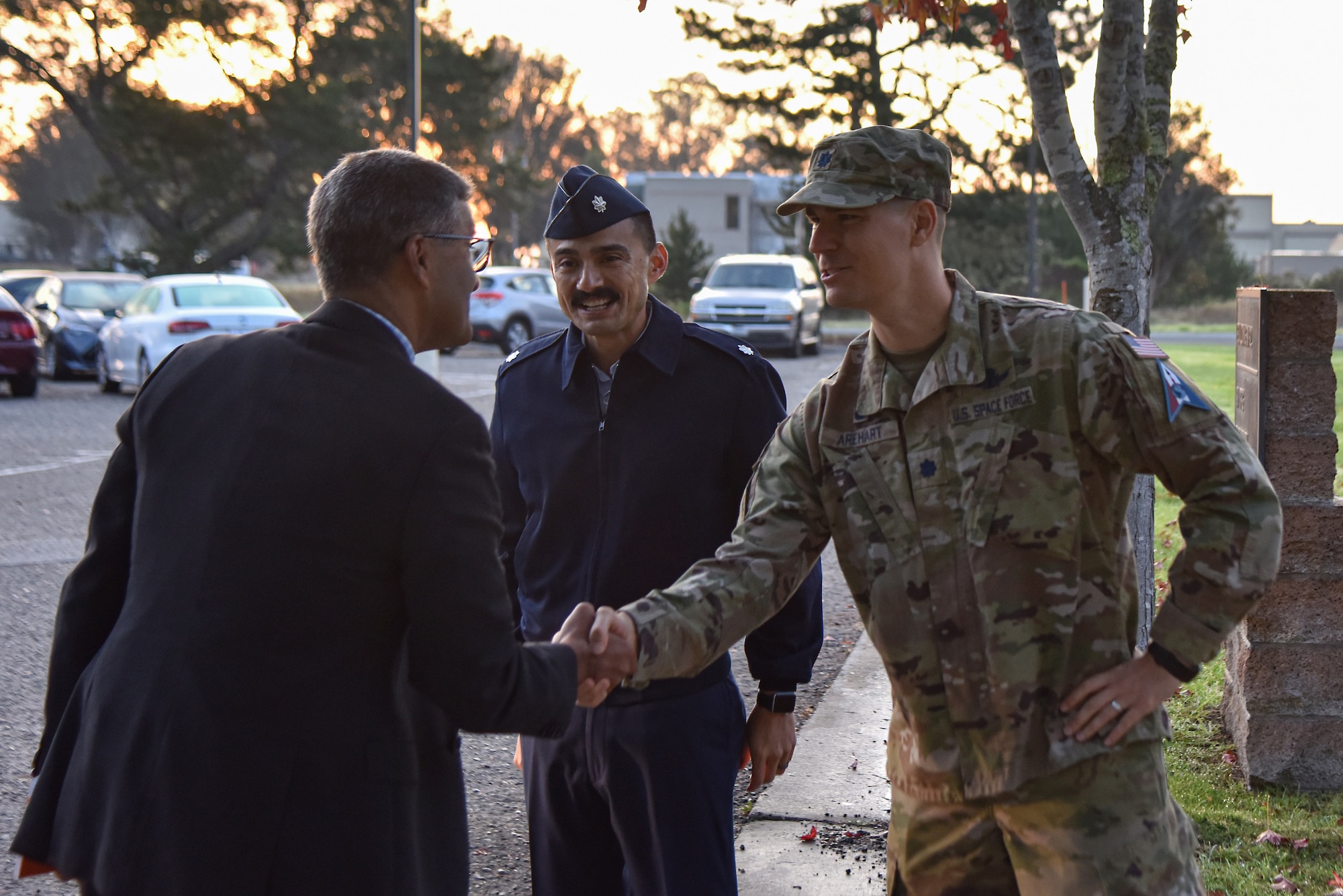 533rd and 532nd Training Squadron leadership greet Ashish S. Vazirani, Deputy Under Secretary of Defense for Personnel and Readiness, during a visit to Vandenberg Space Force Base, Calif., Oct. 31, 2022. During the visit, Vazirani met with leadership and agencies across the base to learn about the needs of the Vandenberg community, what programs are available to the personnel and families and what he can do to better assist the Airmen and Guardians who support the mission. (U.S. Space Force photo by Senior Airman Hanah Abercrombie)