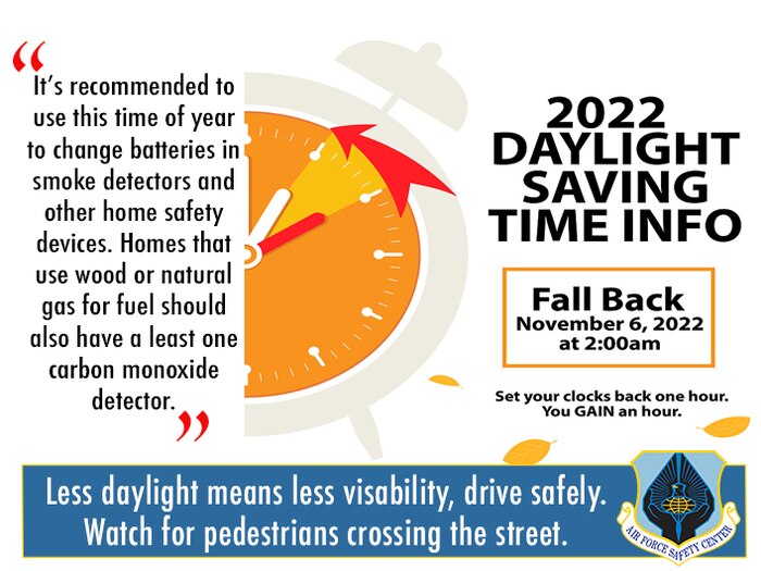 Graphic depicting Daylight Saving Time info and safety considerations to think about when adjusting the clock.