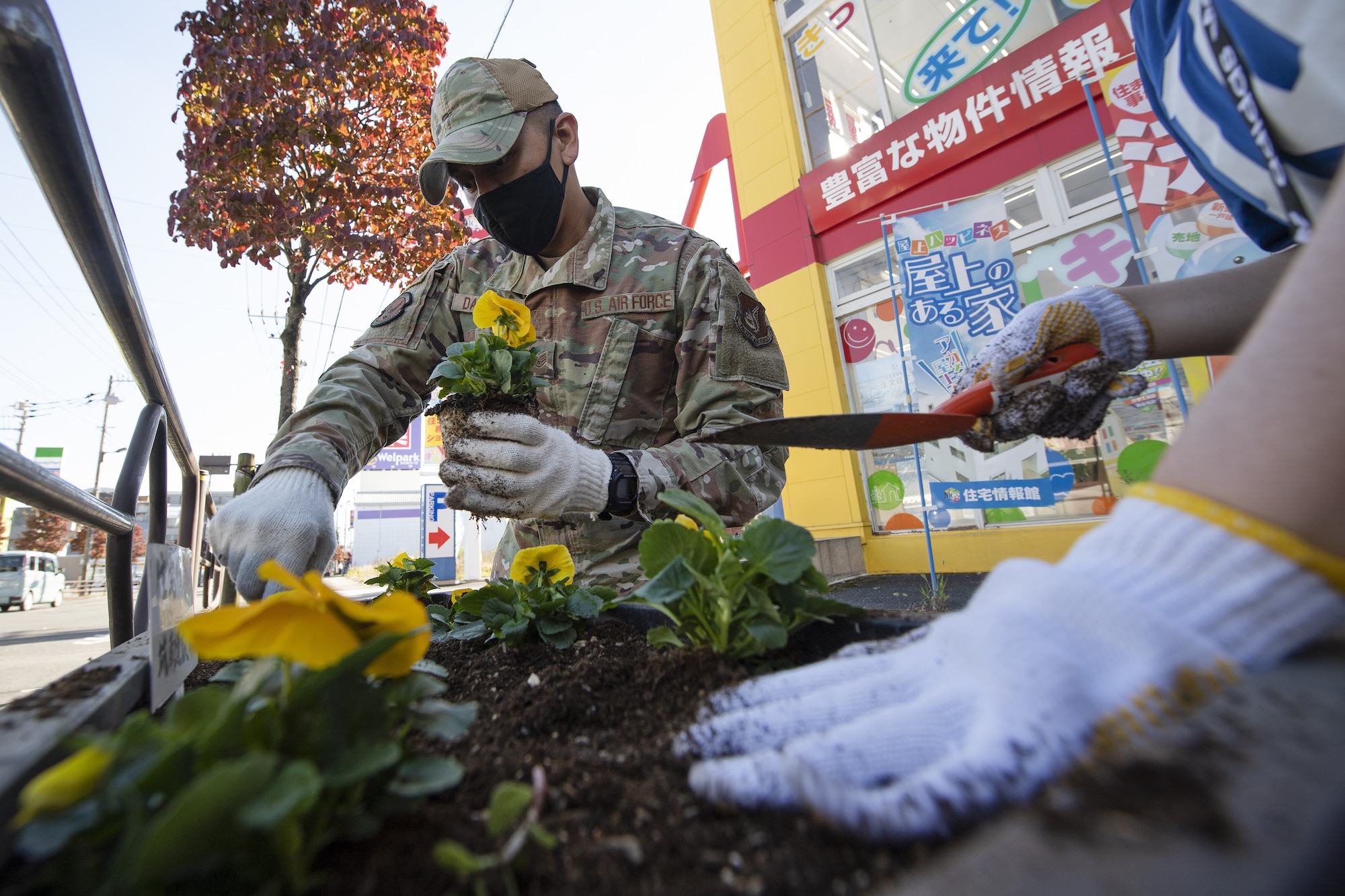 Staff Sgt. Mark Dacumos, 374th Logistics Readiness Squadron passenger travel supervisor, plants flowers with members of the 374th Airlift Wing and off-base community as part of a city beautification project at Fussa City, Japan, Oct. 31, 2022. The project was an opportunity for Team Yokota to strengthen its ties and friendship with Japanese neighbors outside the gates. (U.S. Air Force photo by Tech. Sgt. Christopher Hubenthal)