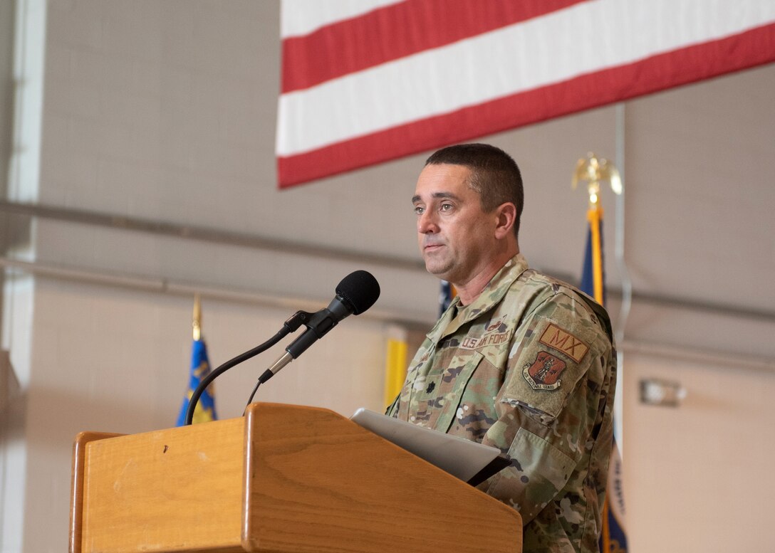 Lt. Col. Jerry Zollman speaks to the audience after accepting command of the 123rd Maintenance Group during a change-of-command ceremony at the Kentucky Air National Guard Base in Louisville, Ky., Sept. 11, 2022. Zollman is replacing Col. Ash Groves, who has been named director of staff at Headquarters, Kentucky Air National Guard. (U.S. Air National Guard photo by Staff Sgt. Clayton Wear)