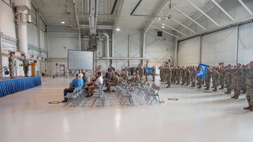 Col. Ash Groves, outgoing commander of the 123rd Maintenance Group, renders a final salute during the group’s change-of-command ceremony at the Kentucky Air National Guard Base in Louisville, Ky., Sept. 11, 2022. Lt. Col. Jerry Zollman assumed the command from Groves, who has been named director of staff at Headquarters, Kentucky Air National Guard. (U.S. Air National Guard photo by Staff Sgt. Clayton Wear)