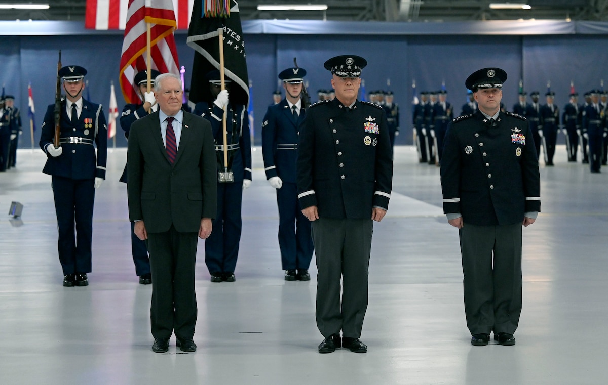Gen. Chance Saltzman (right) assumes command of the Space Force during a transition ceremony for the Chief of Space Operations at Joint Base Andrews, Md., Nov. 2, 2022. Gen. Chance Saltzman relieved Gen. John W. “Jay” Raymond (center) as the second CSO, the senior uniformed officer heading the Space Force.  (U.S. Air Force photo by Wayne A. Clark)