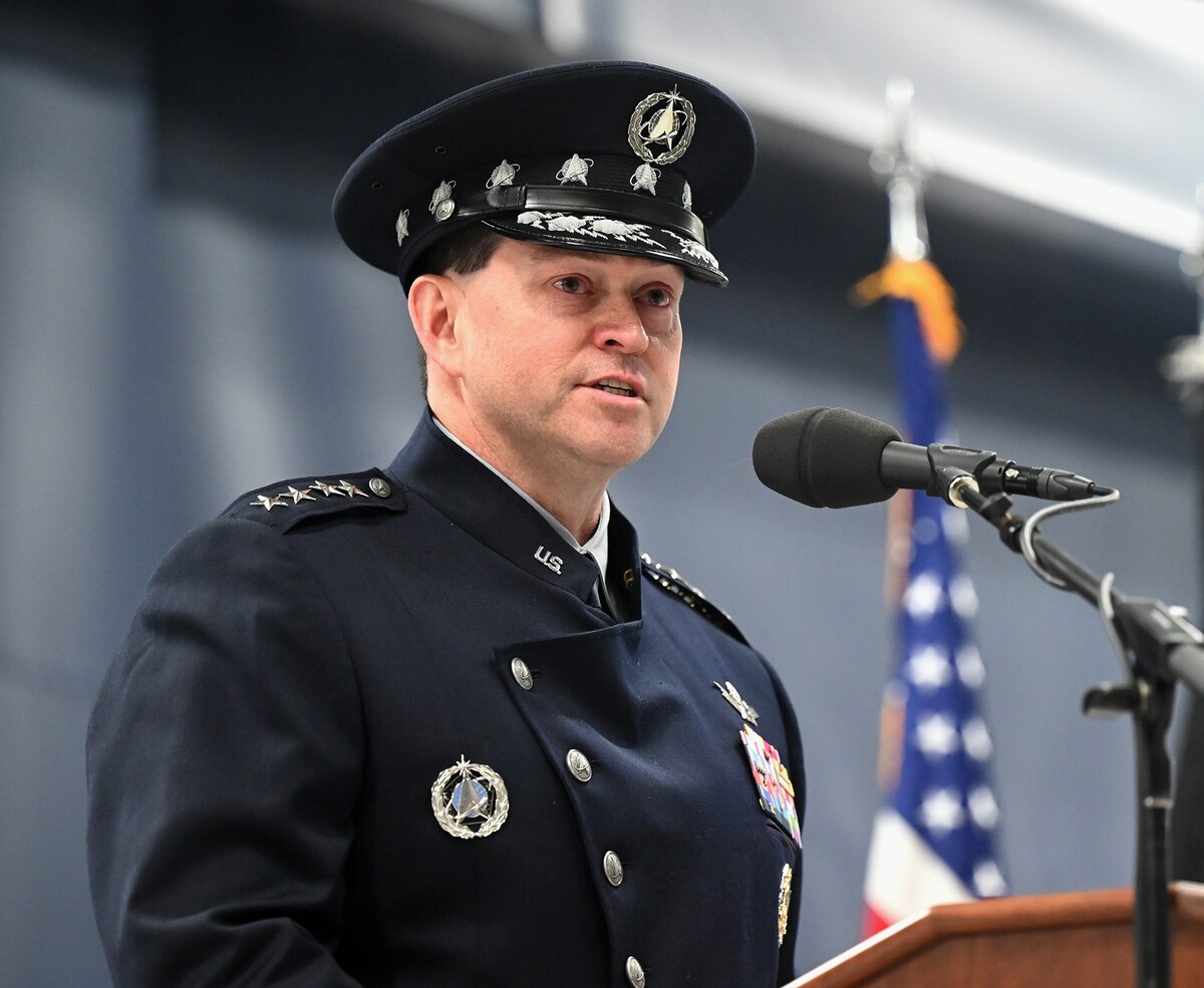 Chief of Space Operations Gen. Chance Saltzman speaks at the transition ceremony for the chief of space operations at Joint Base Andrews, Md., Nov. 2, 2022. Saltzman relieved Gen. John W. “Jay” Raymond as the second CSO, the senior uniformed officer heading the Space Force. (U.S. Air Force photo by Andy Morataya)