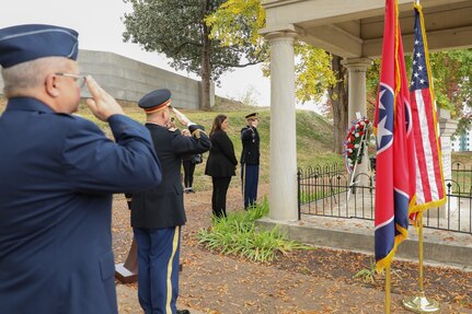 Members of the Tennessee National Guard and the James K. Polk Association pay tribute to former President James K. Polk while Taps is played Nov. 2, 2022, at the Tennessee State Capitol in Nashville. A wreath is laid on the tomb of former presidents each year on their birthday on behalf of the current president.