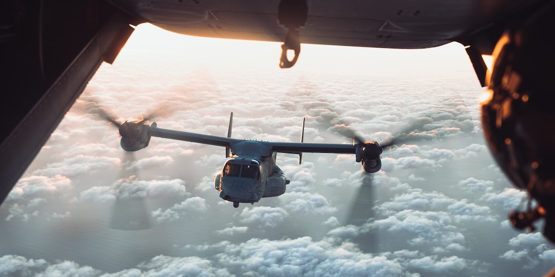 A U.S. Marine Corps MV-22B Osprey assigned to Marine Aviation Weapons and Tactics Squadron One returns after conducting live hoist exercises during Weapons and Tactics Instructor course 1-23 near San Clemente Island, California, Oct. 28, 2022. WTI is a seven-week training event hosted by MAWTS-1, providing standardized advanced tactical training and certification of unit instructor qualifications to support Marine aviation training and readiness, and assists in developing and employing aviation weapons and tactics.
