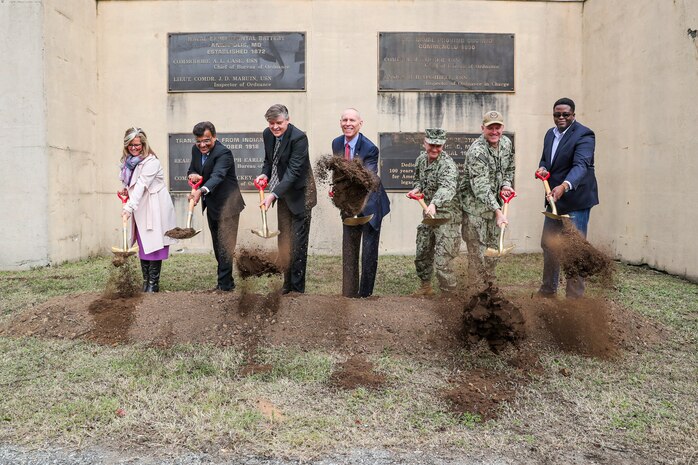 Naval Support Warfare Center Indian Head Division (NSWC IHD) host a ground breaking ceremony for the Chemical, Biological, Radiological Defense Division’s maritime chemical detection laboratory and modeling and simulation center, Oct. 28. Research, Development, Test and Evaluation Department Director Heather Hayden; Intercontinental Construction Contracting, Inc. President Ketan Shah; Naval Sea Systems Command Technical Warrant Holder for CBR Defense John Larzelere; NSWC IHD Technical Director Ashley Johnson; NSWC IHD Commanding Officer Capt. Eric Correll; Naval Support Activity South Potomac Commanding Officer Capt. Todd Copeland; and Army Corps of Engineers Projects and Program Management Division, Military Branch Program Manager Ian Griffith officially break ground on the command’s new facility.