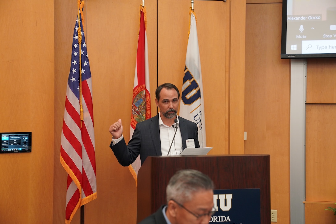 Dr. Shlomi Dinar, Interim Dean, Steven J. Green School of International and Public Affairs, Florida International University, gives closing remarks at a SOUTHCOM-Florida International University (FIU) hosted Illegal, Unreported and Unregulated (IUU) Fishing Conference at the university’s campus.