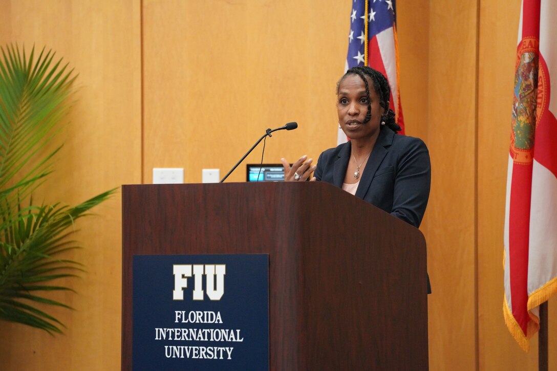 Maxine Burkett, U.S. Deputy Assistant Secretary of State for Oceans, Fisheries & Polar Affairs, gives closing remarks at a SOUTHCOM-Florida International University (FIU) hosted Illegal, Unreported and Unregulated (IUU) Fishing Conference at the university’s campus.