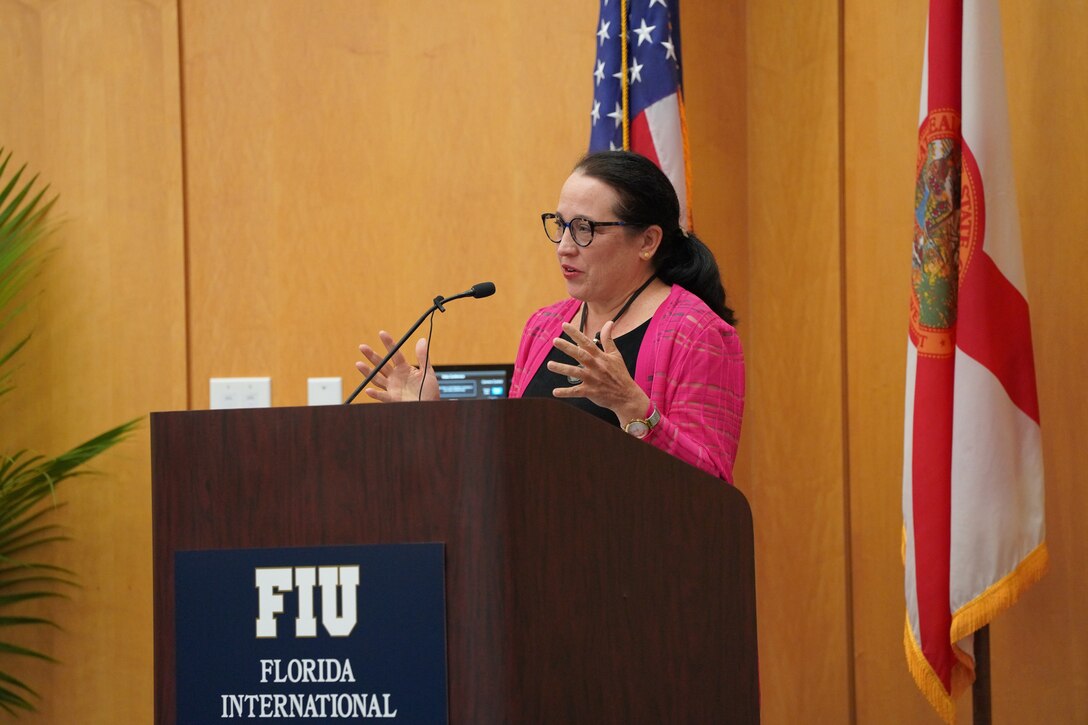 Amb. Jean Manes, Civilian Deputy to the Commander for U.S. Southern Command, gives closing remarks at a SOUTHCOM-Florida International University (FIU) hosted Illegal, Unreported and Unregulated (IUU) Fishing Conference at the university’s campus.