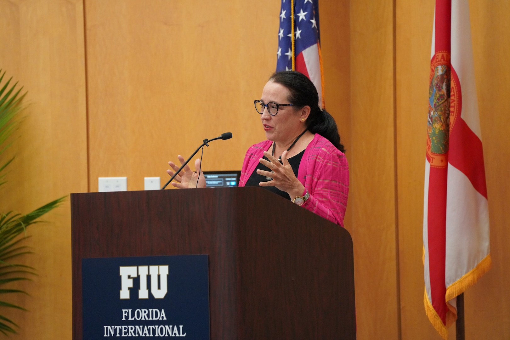 Amb. Jean Manes, Civilian Deputy to the Commander for U.S. Southern Command, gives closing remarks at a SOUTHCOM-Florida International University (FIU) hosted Illegal, Unreported and Unregulated (IUU) Fishing Conference at the university’s campus.