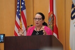 Amb. Jean Manes, Civilian Deputy to the Commander for U.S. Southern Command, gives closing remarks at a SOUTHCOM-Florida International University (FIU) hosted Illegal, Unreported and Unregulated (IUU) Fishing Conference at the university’s campus.