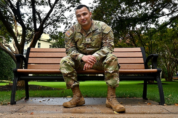 U.S. Army Sgt. 1st Class Robert Muniz poses for an environmental portrait at the Pentagon, Arlington, Va., Oct. 13, 2022. (U.S. Air Force photo by Staff Sgt. Chad Trujillo)