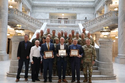 Gov. Spencer Cox received both the ESGR’s Seven Seals Award and the Patriot Award. Mr. Gary Harter, executive director for the Utah Department of Veterans and Military Affairs, and Mr. Jon Pierpont, chief of staff to the governor and former executive director of the Utah Department of Workforce Services, also received the ESGR Seven Seals Award at a ceremony on Oct. 26, 2022.