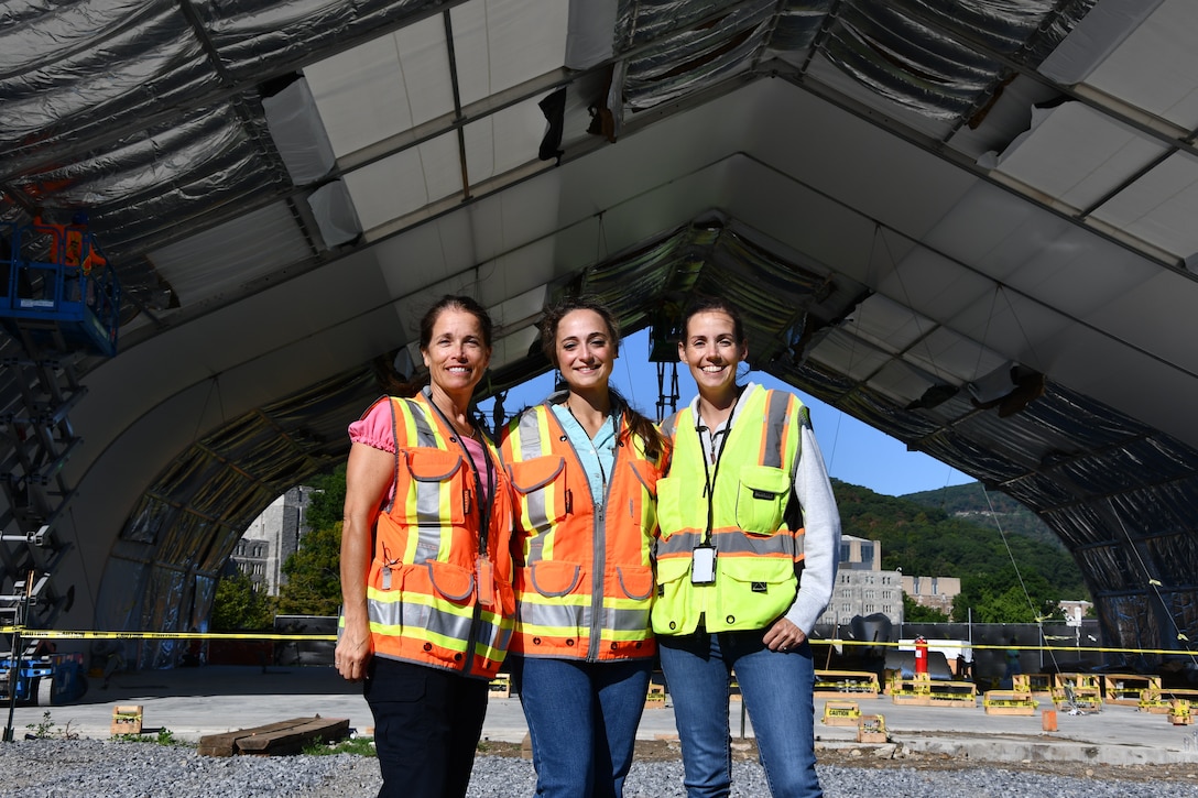 Left to right: Edmee Conroy, Briana Bloomer, and Michelle O'Donoghue on site at the General Instruction Building Swing Space at the U.S. Military Academy at West Point, New York.