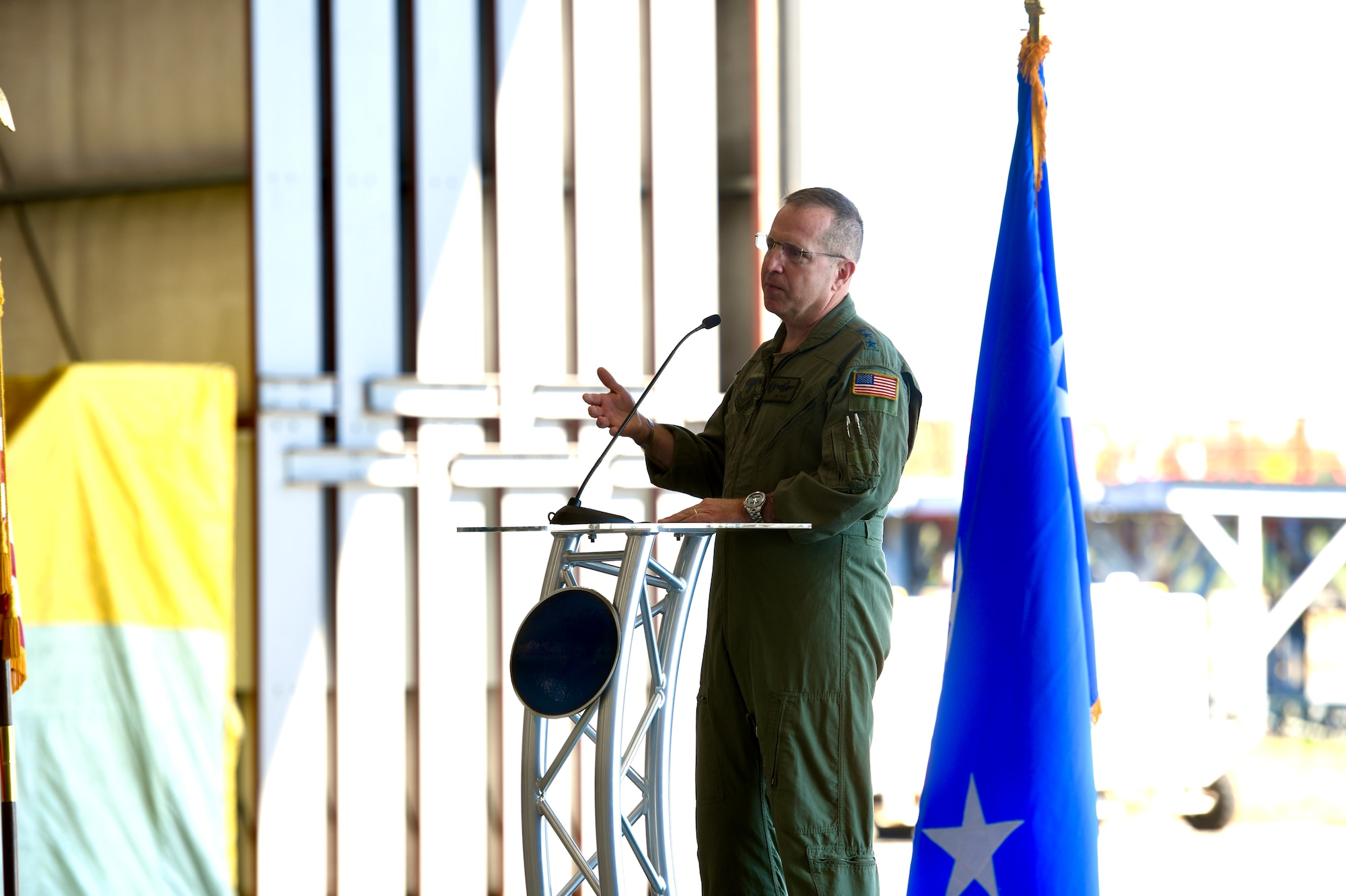 US Air Force Lieutenant General James Slife, Commander US Air Force Special Operations Command, provides remarks during the AC-130J Ghostrider Dedication and Delivery Ceremony Nov. 2, 2022, at Bob Sikes Airport in Crestview, Florida. Lieutenant General Slife, represented the command at the ceremony and spoke about his experience with acquiring and receiving the AC-130J.