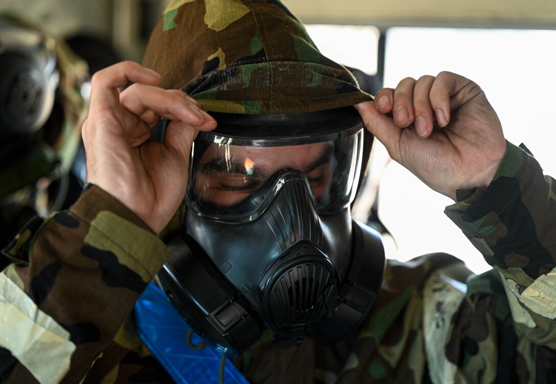 Airmen geared up during a CBRN exercise