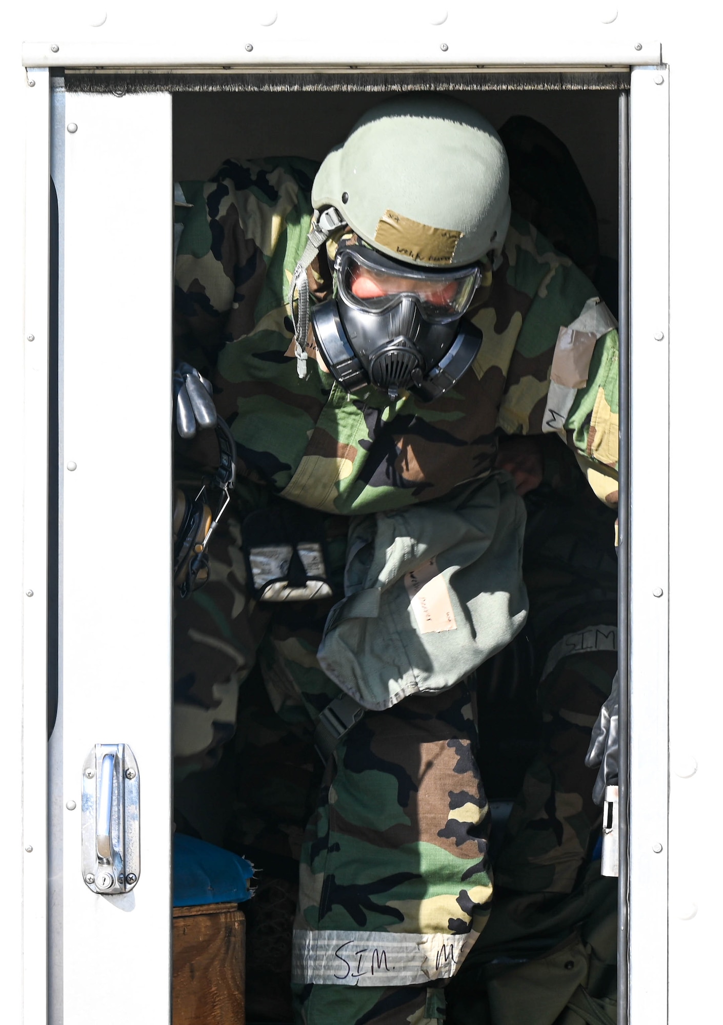 Airmen geared up during a CBRN exercise