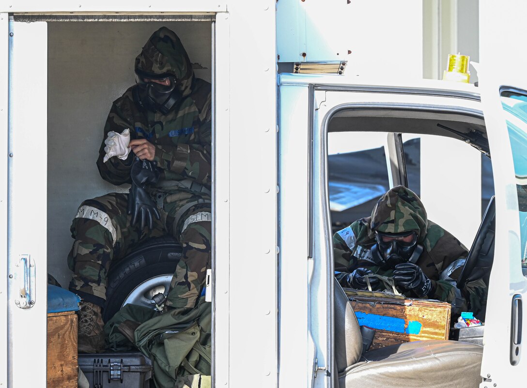 Airmen geared up during a CBRN exercise