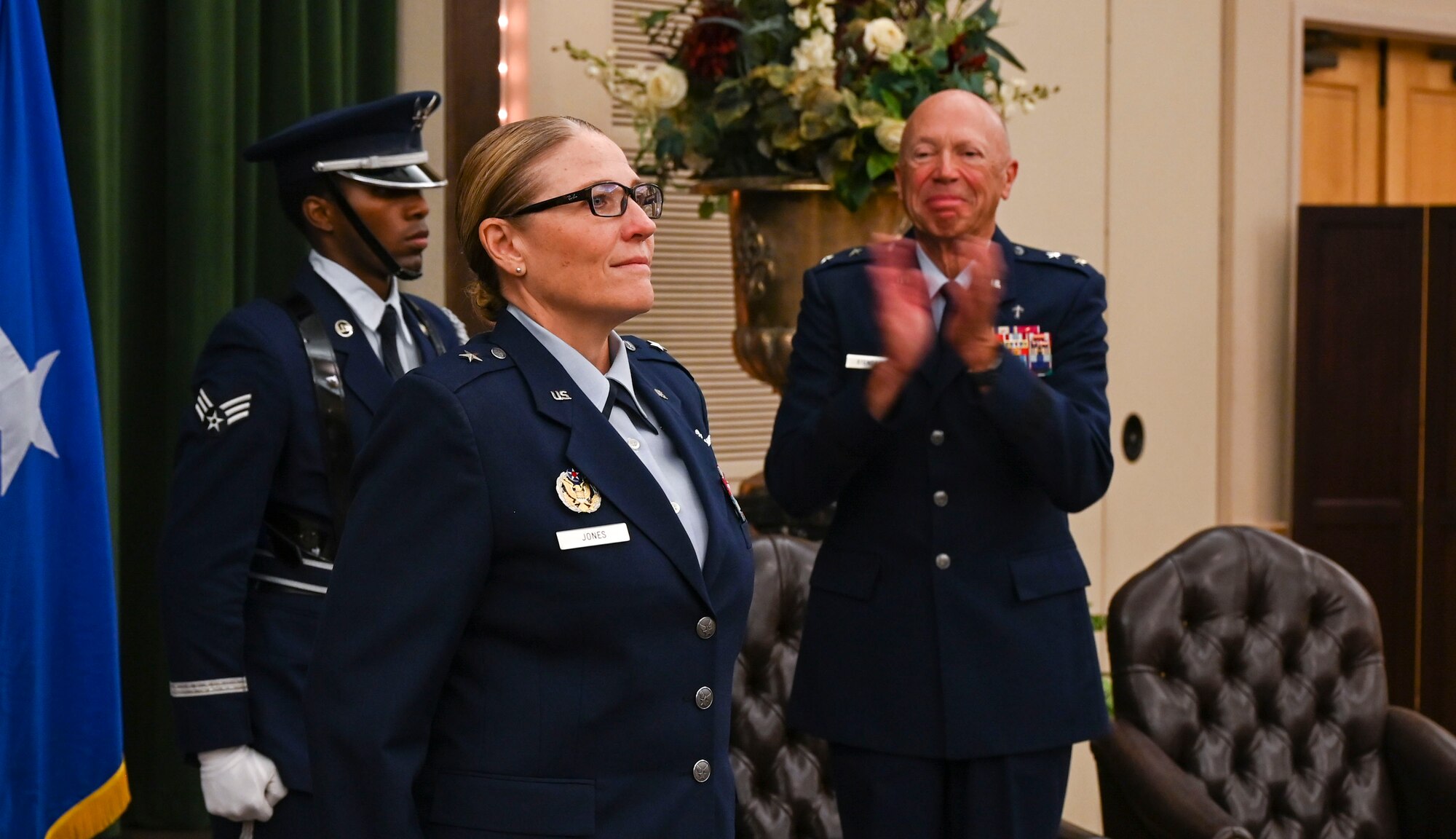 Brig. Gen. Lori Jones, Mobilization Assistant to the Director, Cyberspace Operations and Warfighter Communications in Washington D.C., promotes to brigadier general during a ceremony Oct. 16, 2022, at Joint Base San Antonio-Lackland, Texas. Jones started her career in the Air Force Reserve at the 433rd Airlift Wing in January 2002, and has since mobilized twice in support of operations Enduring Freedom and Iraqi Freedom. (U.S. Air Force photo by Tech. Sgt. Michael Lahrman)