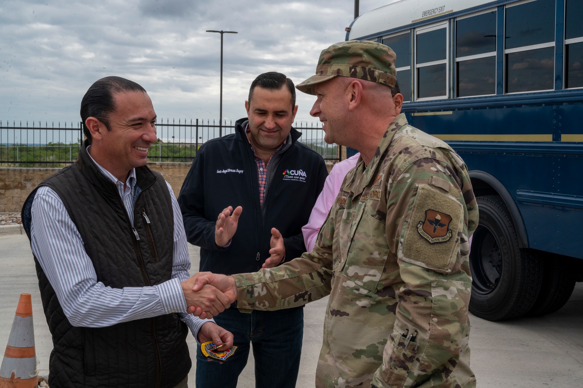 Emilio de Hoyos (left), Mayor of Ciudad Acuna, Mexico, and U.S. Air Force Col. Kevin Davidson (right), 47th Flying Training Wing commander, shake hands at the end of the tour of Laughlin Air Force Base, Texas, Nov. 1, 2022. Laughlin’s mission is to develop U.S. Air Force pilots and the base relies on support from the local community to make that mission a success. Familiarization tours cultivate understating of the wing’s mission and help forge lasting partnerships in the community.  (U.S. Air Force photo by Senior Airman Nicholas Larsen)