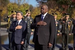 Secretary of Defense Lloyd J. Austin III and South Korean Defense Minister Lee Jong-sup take part in a ceremony at the Korean War Memorial in Washington, D.C., Nov. 3, 2022.