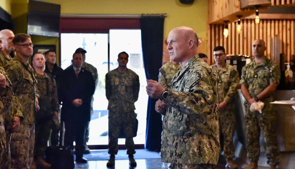 BUSAN, Republic of Korea (Nov. 4, 2022) - Chief of Naval Operations Adm. Mike Gilday meets U.S. Navy Sailors assigned to Commander, Naval Forces Korea in Busan, Republic of Korea (ROK), Nov. 3. Gilday visited the ROK to meet with Sailors, military leaders, and ROK officials. (U.S. Navy photo by Cmdr. Courtney Hillson/released)