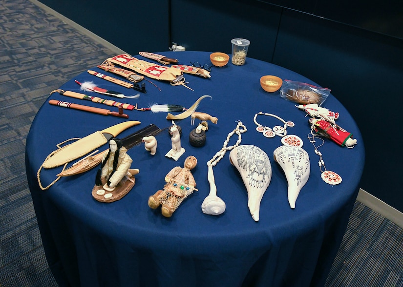 Native American artifacts and recreated pieces are displayed during a panel of Native American Heritage military veterans at the 1st Helicopter Squadron at Joint Base Andrews, Md., Nov. 3, 2022.