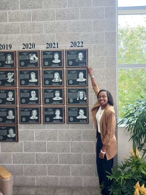 Air Force Staff Sgt. Moneque English was recognized for her contributions to the Columbus State University track and field and cross-country teams by being inducted into the school's athletic hall of fame during a ceremony Oct. 1, 2022. English is an instructor in the Medical Education and Training Campus Radiologic Technologist program on Joint Base San Antonio-Fort Sam Houston, Texas.