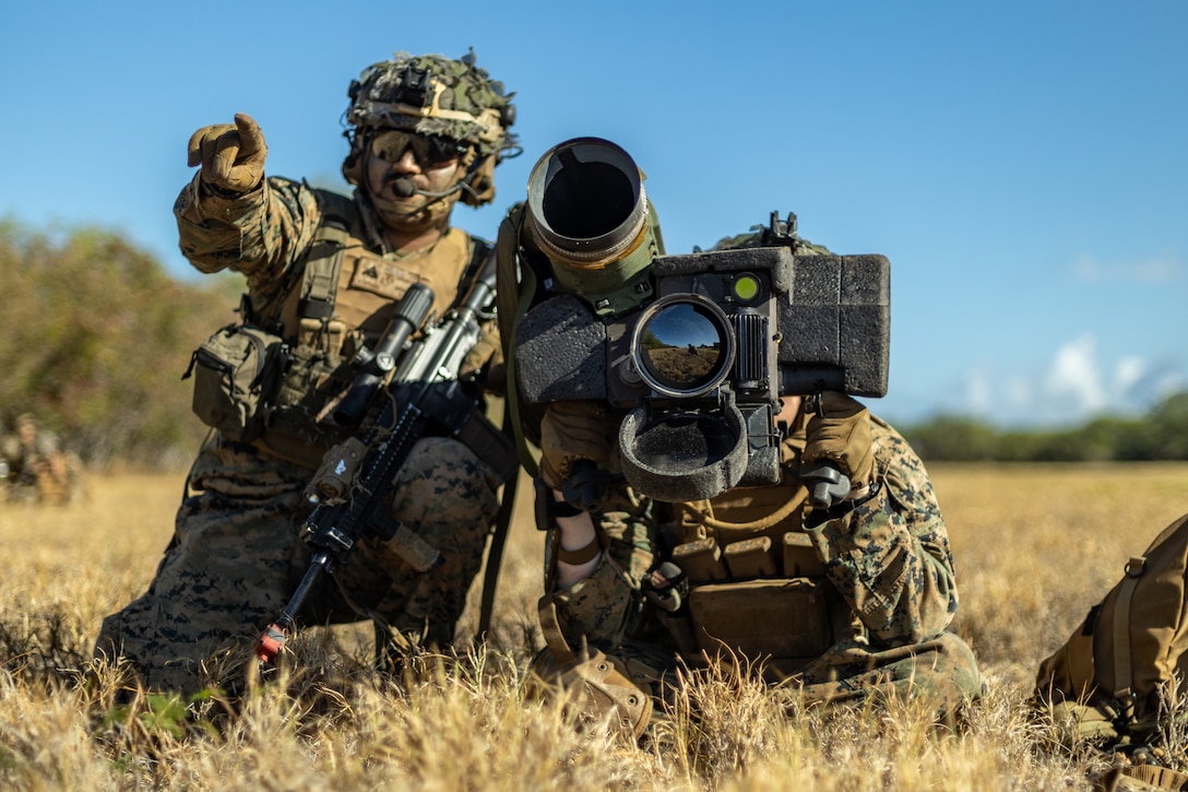 U.S. Marines with 3rd Littoral Combat Team, 3rd Marine Littoral Regiment, 3rd Marine Division, sets security with a Javelin shoulder-fired anti-tank missile during exercise Bougainville II at Pacific Missile Range Facility, Barking Sands, Hawaii, Oct. 31, 2022. 3rd MLR interdicted a notional adversary maritime surface platform to set conditions for joint force follow on actions. BVII is a field exercise that allows the MLR and its subordinate units to conduct expeditionary advanced base operations across the island of Oahu. BVII displays the MLR’s ability to rapidly establish and displace EABs while executing command and control in a dispersed environment 3rd MLR’s Bougainville II is integrated into the Joint Pacific Multinational Readiness Center training rotation 23-01 that strengthens defense relationships, fosters multinational interoperability, increase readiness, and reinforces the unified regional land power network of the Joint Force. This rotation of JPRMC includes participants from all U.S joint services as well as active participants from Thailand, Indonesia, and the Philippines.