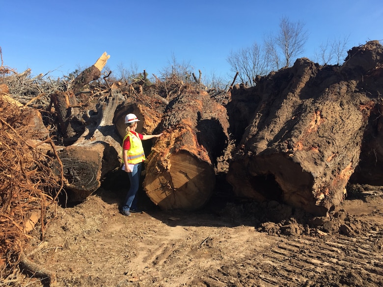 Ashley Leflore, U.S. Army Corps of Engineers, Mobile District’s Emergency Management chief, checks out damaged trees following a tornado in Albany, Georgia, April 14, 2016. Leflore has deployed more than 50 people to disaster responses since taking over EM in April of 2022. (Courtesy photo)