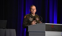 Lt. Gen. Daniel Karbler, commanding general, U.S. Army Space and Missile Defense Command, speaks during Space Industry Days in Los Angeles, California, Oct. 18. (U.S. Army photo by Lira Frye)
