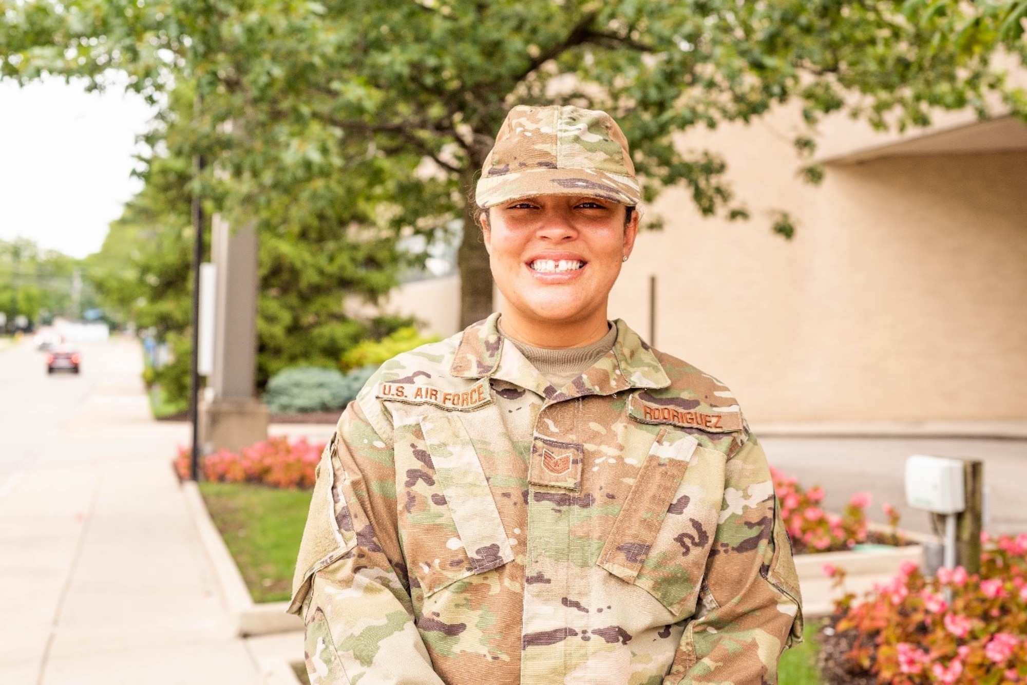 Rodriguez in uniform outside the Miami Valley Hospital.
