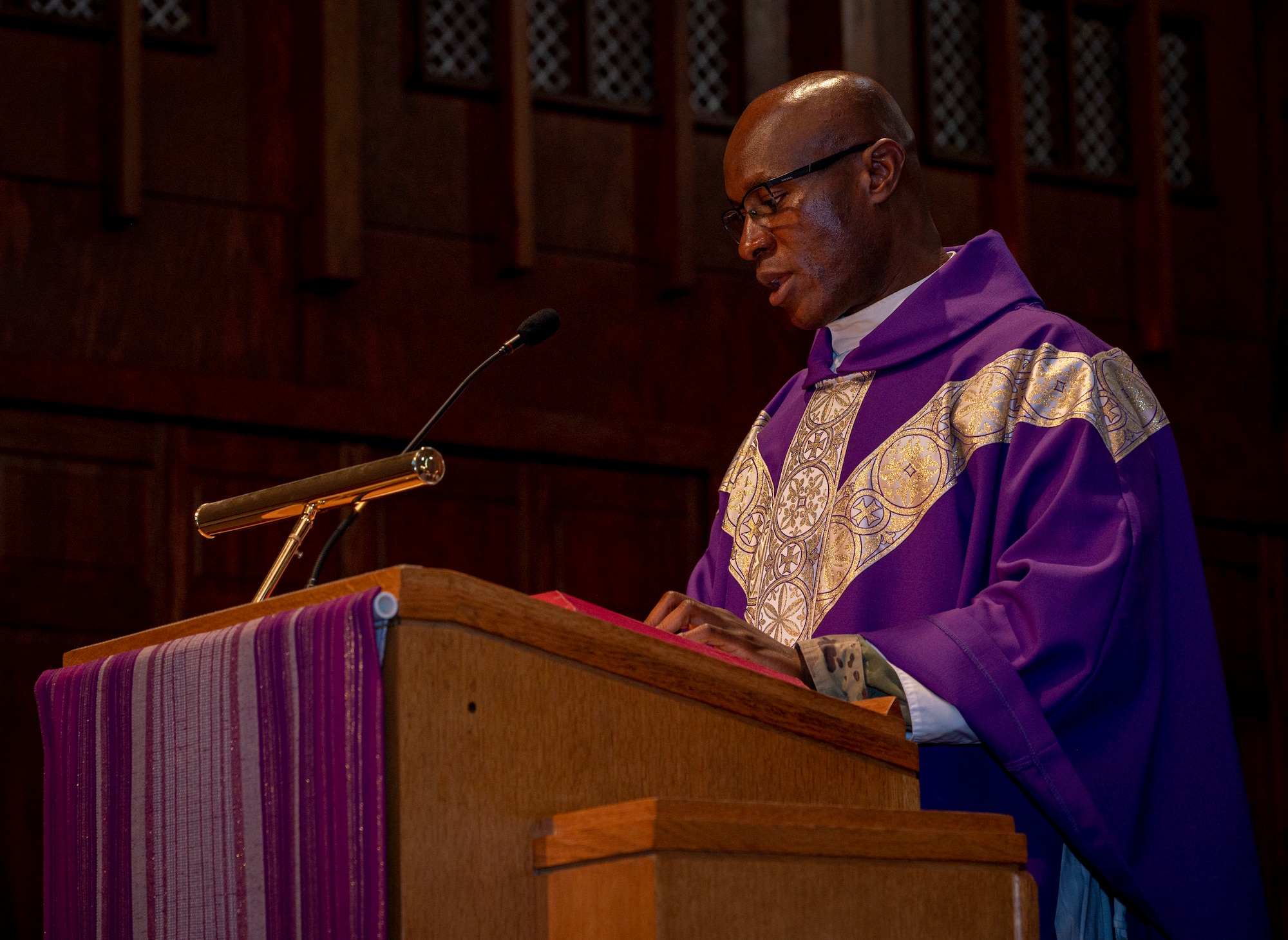 Chaplain Brendan Mbagwu, 4th Fighter Wing leads mass at Seymour Johnson Air Force Base, North Carolina, Nov. 2, 2022. Religious affairs personnel provide important outreach resources to support Airmen and their families who may need religious support, crisis intervention, suicide prevention, stress management or other counseling services. (U.S. Air Force Base photo by Airman 1st Class Sabrina Fuller)