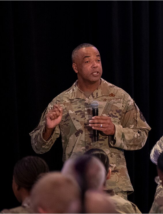 Picture of Chief Master Sgt. Timothy White speaking.