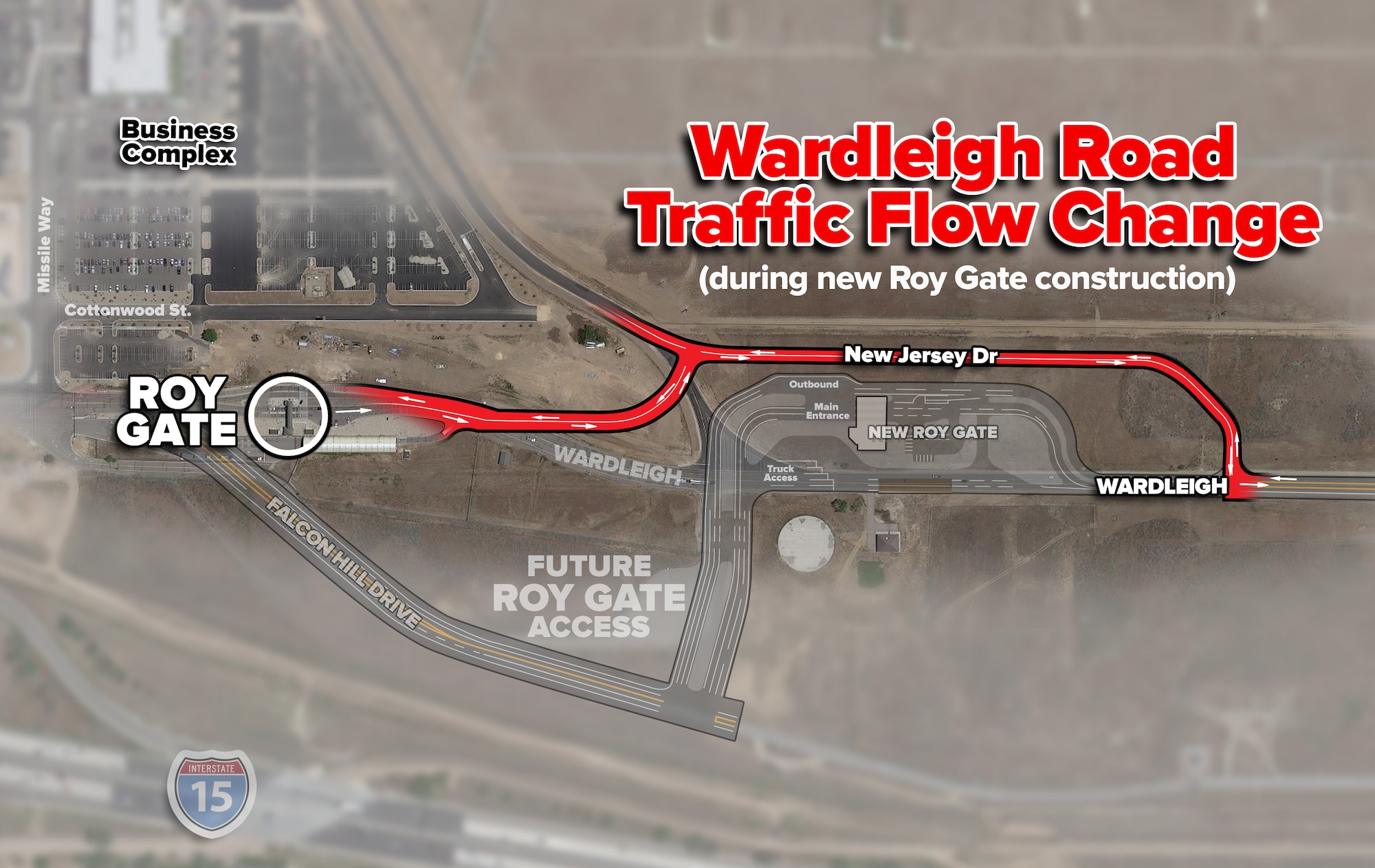 Graphic depicting the detour of New Jersey Drive and a "ghosted" depiction of the new Roy Gate location.