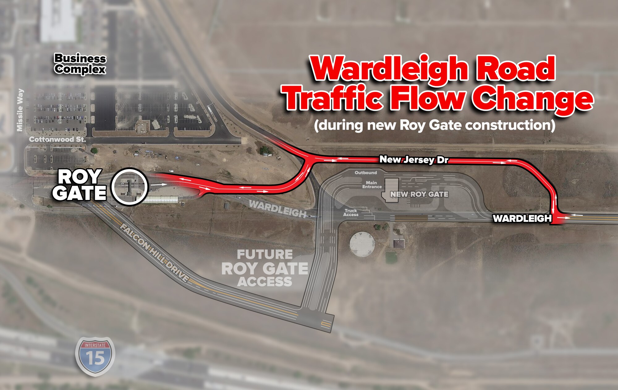 Graphic depicting the detour of New Jersey Drive and a "ghosted" depiction of the new Roy Gate location.