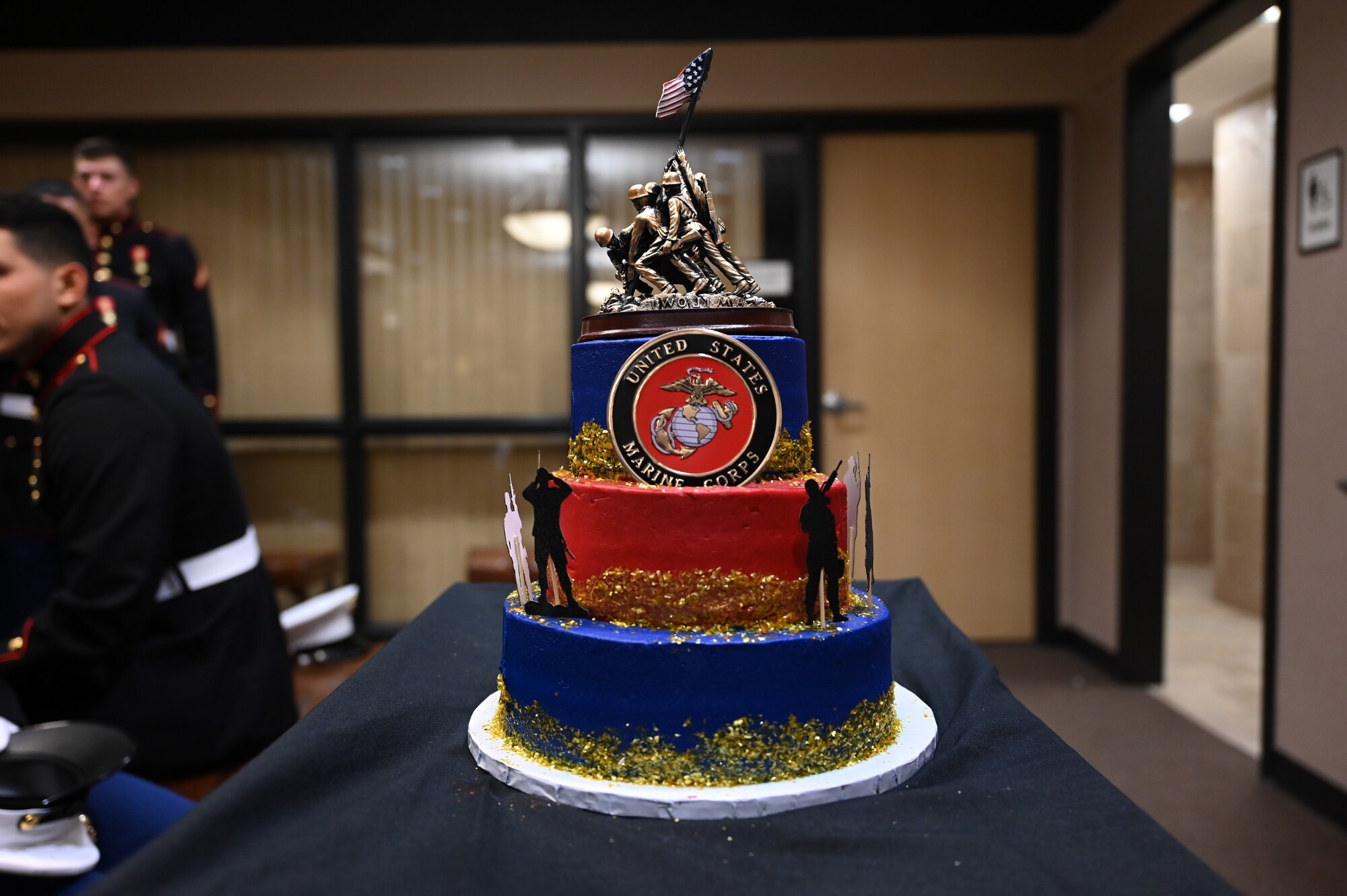 The U.S. Marine Corps birthday cake rests on a cart at the McNease Convention Center, San Angelo, Texas, Nov. 4, 2022. The opening ceremonies consisted of various events paying homage to the 247-year-old history of the United States Marine Corps. (U.S. Air Force photo by Senior Airman Michael Bowman)
