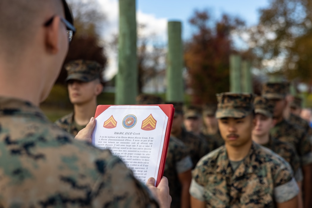 U.S. Marine Corps Cpl. Keegan Bailey, a combat graphics specialist with Security Battalion, recites the noncommissioned officer’s creed during his promotion ceremony to corporal on Marine Corps Base Quantico, Virginia, Nov. 1, 2022. Promotion ceremonies are a significant achievement in a service member’s career and are a testament to their commitment, mastery of duties and skills, and leadership capabilities. Marines take on greater responsibilities as Non-Commissioned Officers after showing exemplary leadership skills. Bailey is a native of Friday Harbor, Washington and is a graduate of Friday Harbor High School on June 4, 2020. (U.S. Marine Corps photo by Lance Cpl. Joaquin Dela Torre)