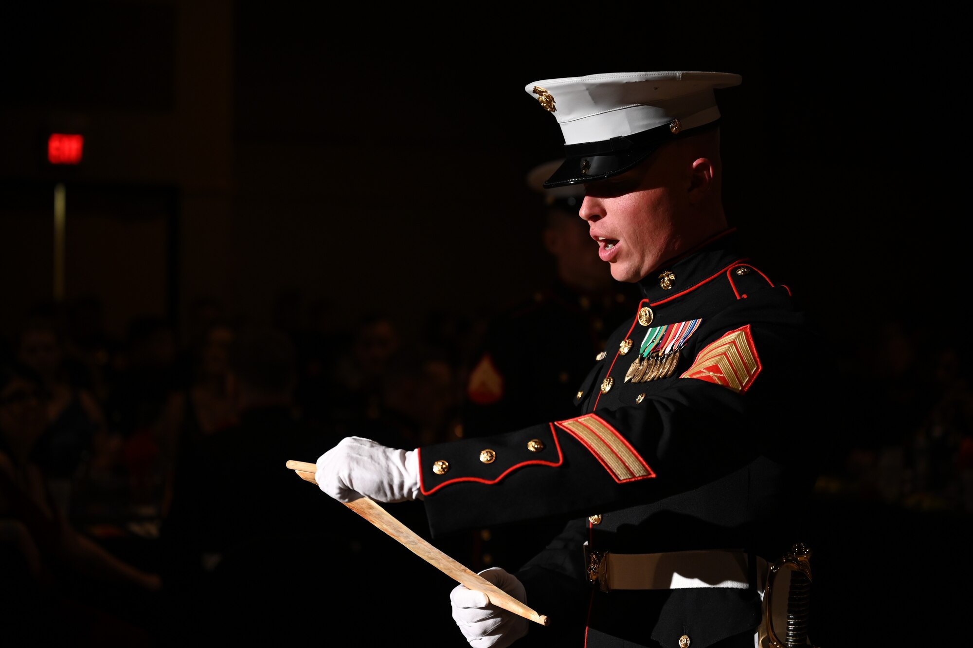 U.S. Marine Corps Staff Sgt. Isaac Norman Ross, Marine Corps Detachment Goodfellow instructor, reads the 13th Marine Corps commandant's birthday message during the Marine Corps Ball held at the McNease Convention Center, San Angelo, Texas, Nov. 4, 2022. Marines came together to celebrate the 247th birthday of the USMC. (U.S. Air Force photo by Senior Airman Michael Bowman)