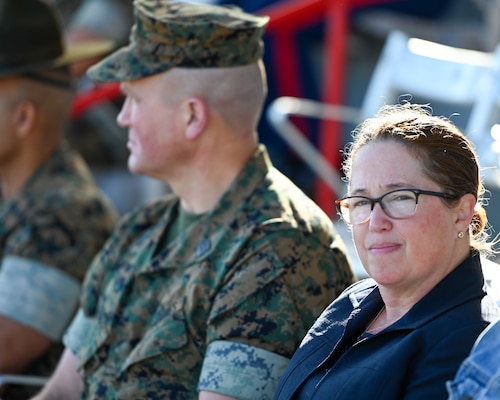 PARRIS ISLAND, S.C. (Nov. 3, 2022) — U.S. Naval Community College's President Randi R. Cosentino, Ed.D., observes the family day ceremony at Marine Corps Recruit Depot Parris Island. Cosentino visited MCRD Parris Island as the parade reviewing official for the graduation ceremony of the 391 Marines of Papa Company, 4th Recruit Training Battalion. The United States Naval Community College is the official community college for the Navy, Marine Corps, and Coast Guard. To get more information about USNCC, go to www.usncc.edu. Click on the Inquire Now link to learn how to be a part of the USNCC Pilot II program. (U.S. Navy photo by Chief Mass Communication Specialist Xander Gamble/released)