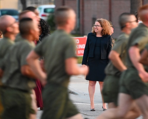 PARRIS ISLAND, S.C. (Nov. 3, 2022) — U.S. Naval Community College's President Randi R. Cosentino, Ed.D., observes a motivational run at Marine Corps Recruit Depot Parris Island. Cosentino visited MCRD Parris Island as the parade reviewing official for the graduation ceremony of the 391 Marines of Papa Company, 4th Recruit Training Battalion. The United States Naval Community College is the official community college for the Navy, Marine Corps, and Coast Guard. To get more information about USNCC, go to www.usncc.edu. Click on the Inquire Now link to learn how to be a part of the USNCC Pilot II program. (U.S. Navy photo by Chief Mass Communication Specialist Xander Gamble/released)