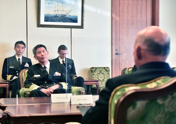 TOKYO (Nov. 5, 2022) -  Chief of Naval Operations Adm. Mike Gilday meets with Chief of Staff of the Japan Maritime Self-Defense Force (JMSDF) Adm. Sakai Ryo at the Ministry of Defense in Tokyo, Japan, Nov. 5. This engagement was one of many held during the International Fleet Review and Western Pacific Naval Symposium. (U.S. Navy photo by Cmdr. Courtney Hillson/released)